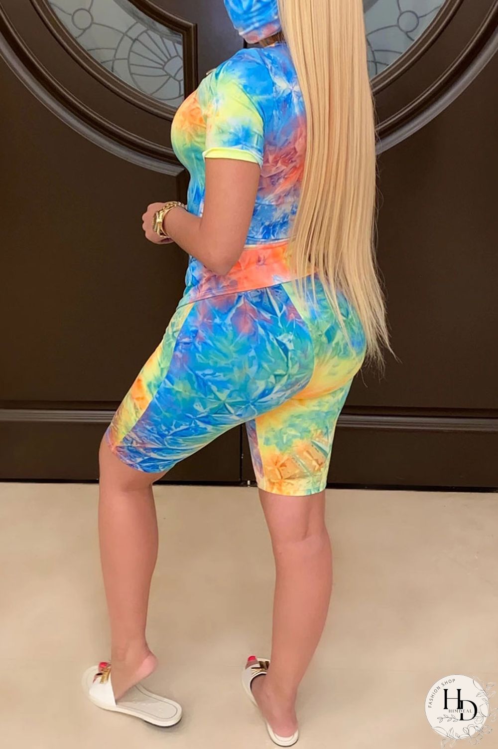 Blue Orange Fashion Casual Print Basic O Neck Short Sleeve Two Pieces