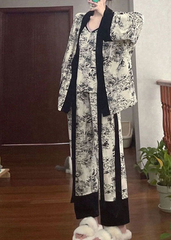 VCSHOES Black Print Patchwork Thin Cotton Pajamas Pieces Set Summer