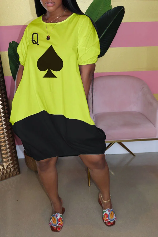 Green and yellow Sweet Short Sleeves O neck Lantern skirt Knee-Length Print Patchwork Colouring Dresses
