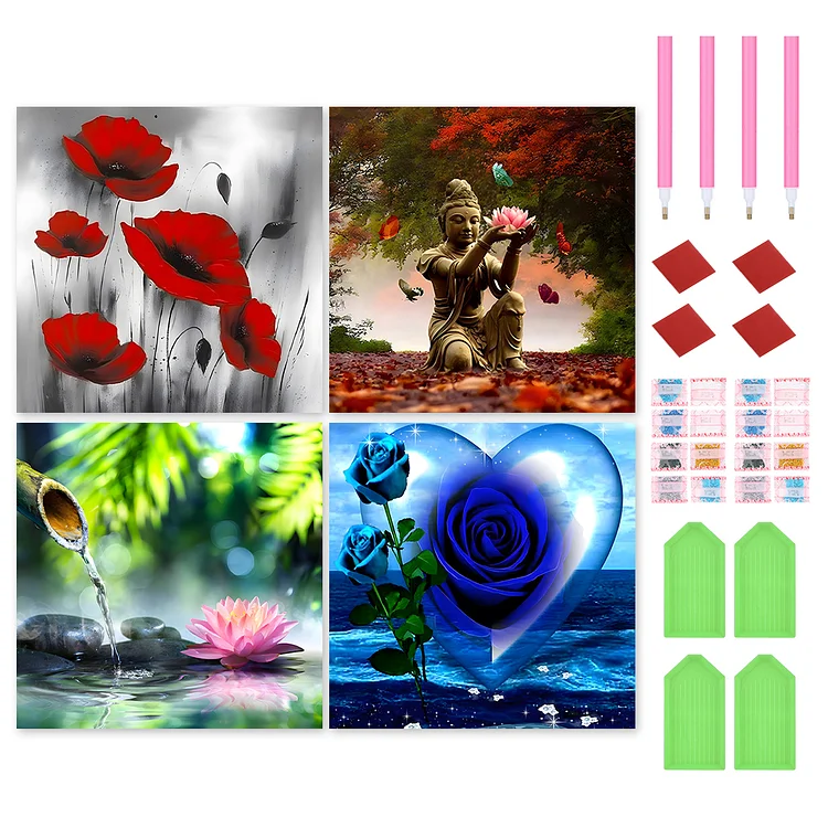4Pcs Flowers - Full Round Drill Diamond Painting - 30*30CM(Canvas)