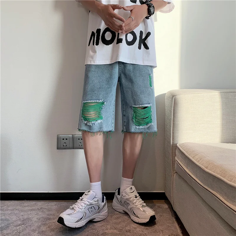 Straight-leg color-block ripped denim shorts
