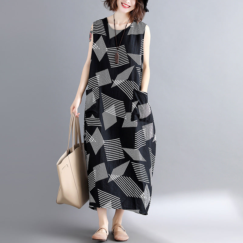 VCSHOES Geometric cotton linen dress Loose fitting short sleeve baggy dresses long dresses o neck caftans