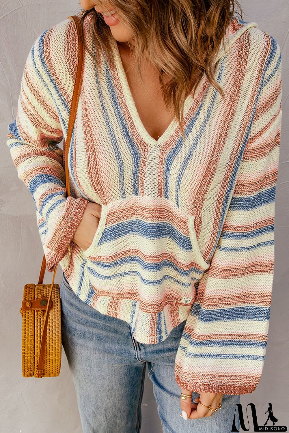 MidiSono - color Striped Knit Kangaroo Pocket Hooded Sweater