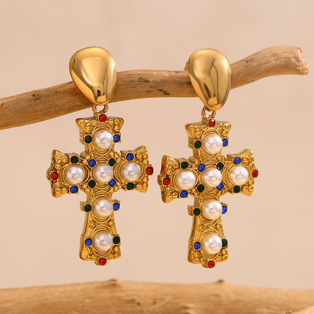 Vintage Earrings Stainless Steel Plated 18K Gold Vintage Diamond Pearl Cross Earrings For Women