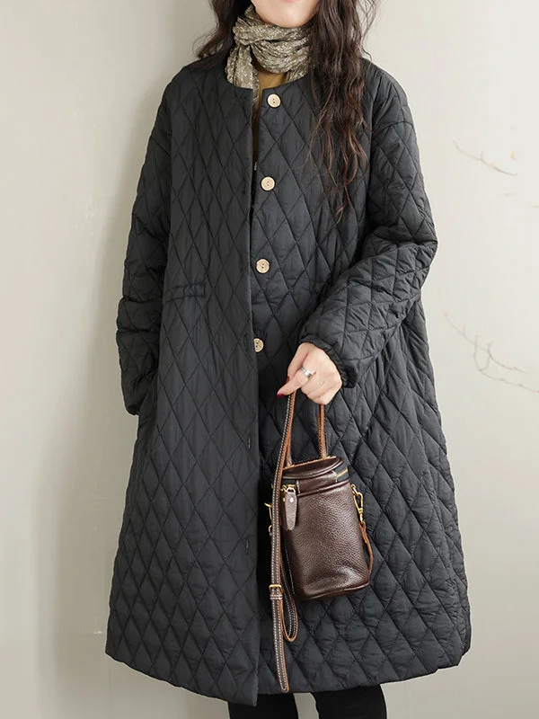 Buttoned Cotton-padded Clothes Quilted Long Sleeves Roomy Round-neck Padded Coat