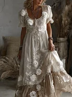 Women's Vintage White Rose Embroidery Linen Round Neck Dress