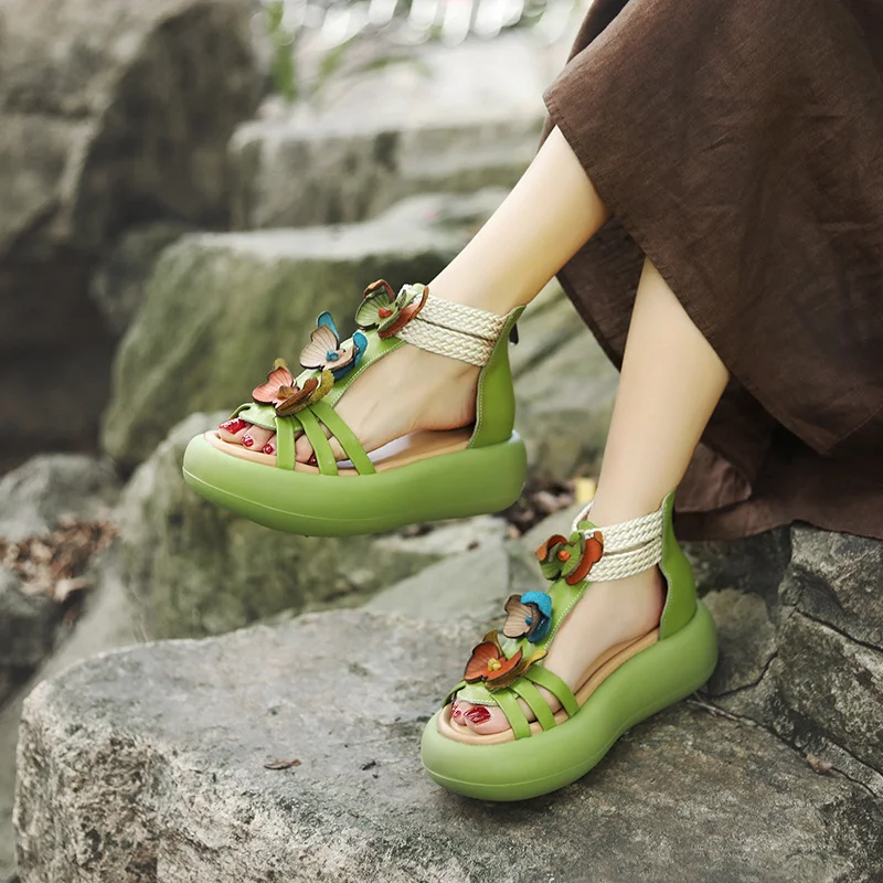 Yyvonne Layer Of Cow Skin Art Retro Sandals Women 2025 Summer New Bump Flower Cake Thick Bottom Roman Sandals