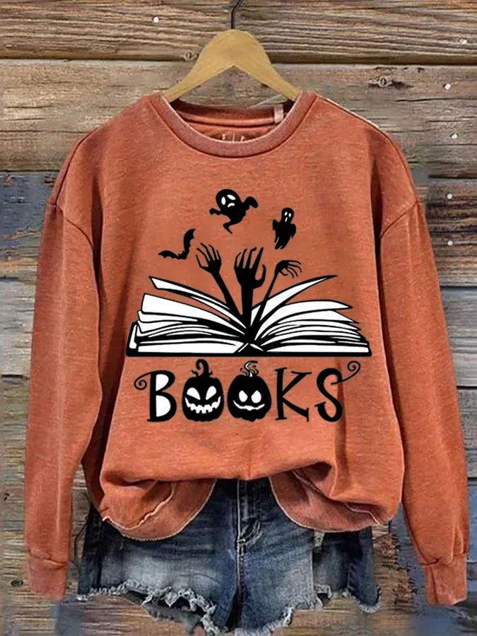 Comstylish Halloween Pumpkin Book Print Sweatshirt