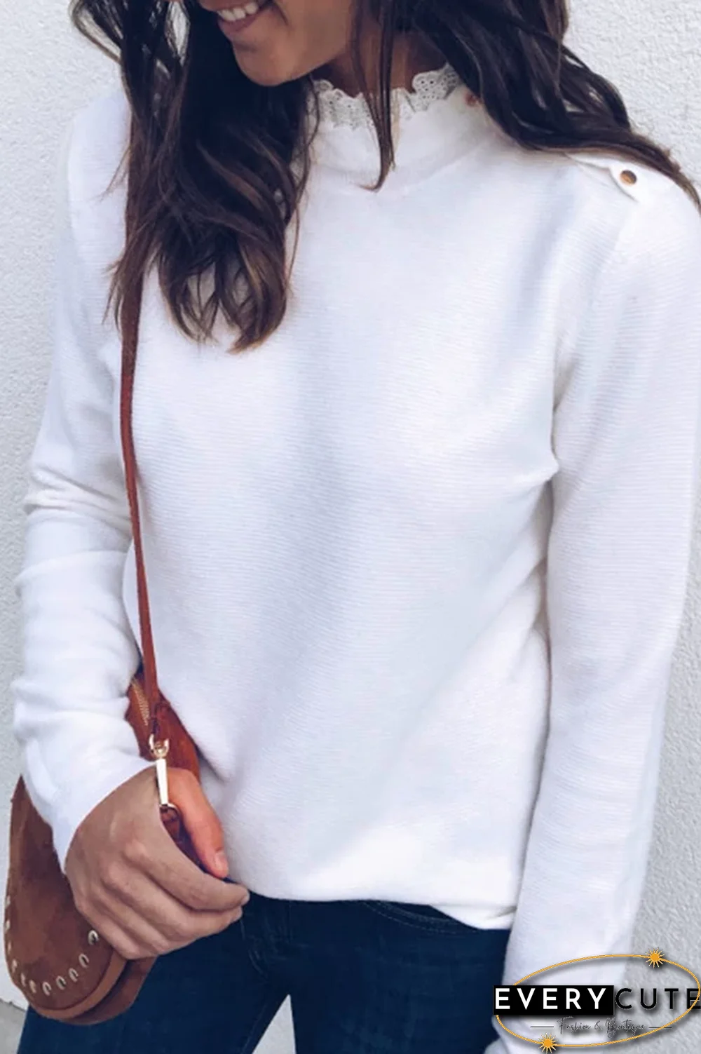 Shoulder Buckle Lace Neck Top