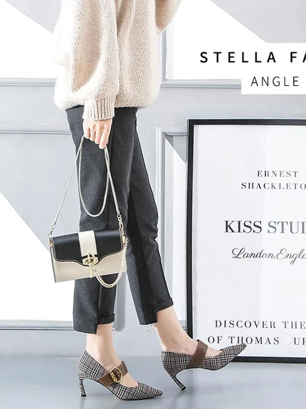 Shallow pointed toe stiletto heels with metal buckle plaid high heels