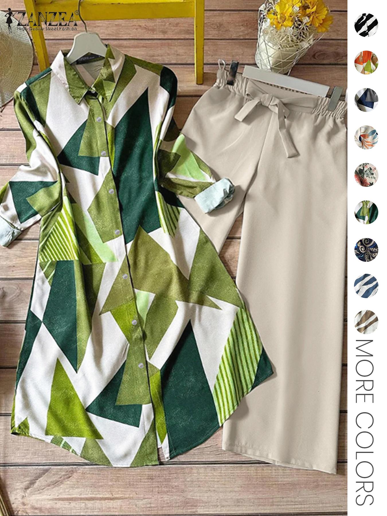 Two-piece Women's All-Over Print Button Shirt & Wide Leg Pants Set, Casual Long Sleeve Collared Top & Trousers for Daily Wear, Ladies Clothes for All Seasons