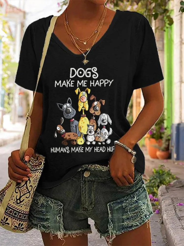 Vefave Anime Dogs And Letters Print Short Sleeve T Shirt
