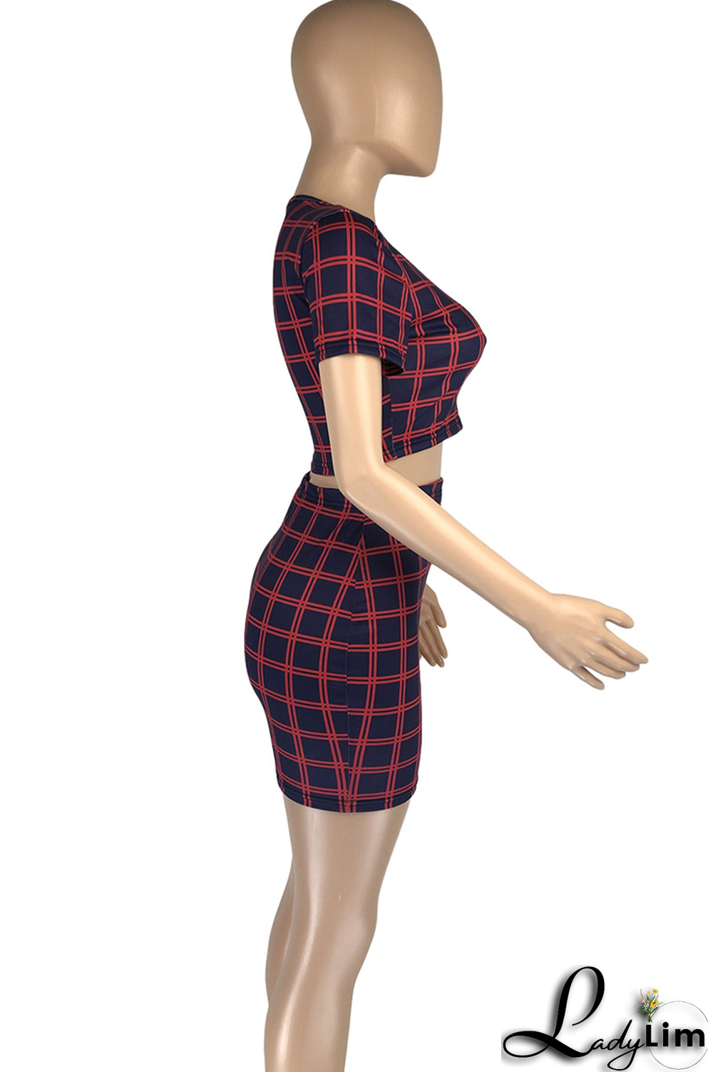 Navy Blue Fashion Plaid Split Joint O Neck Short Sleeve Two Pieces