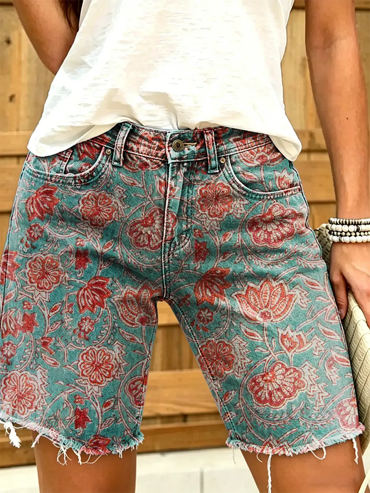 Women's Vintage Oil Painting Floral Print Casual Washed Cotton Shorts