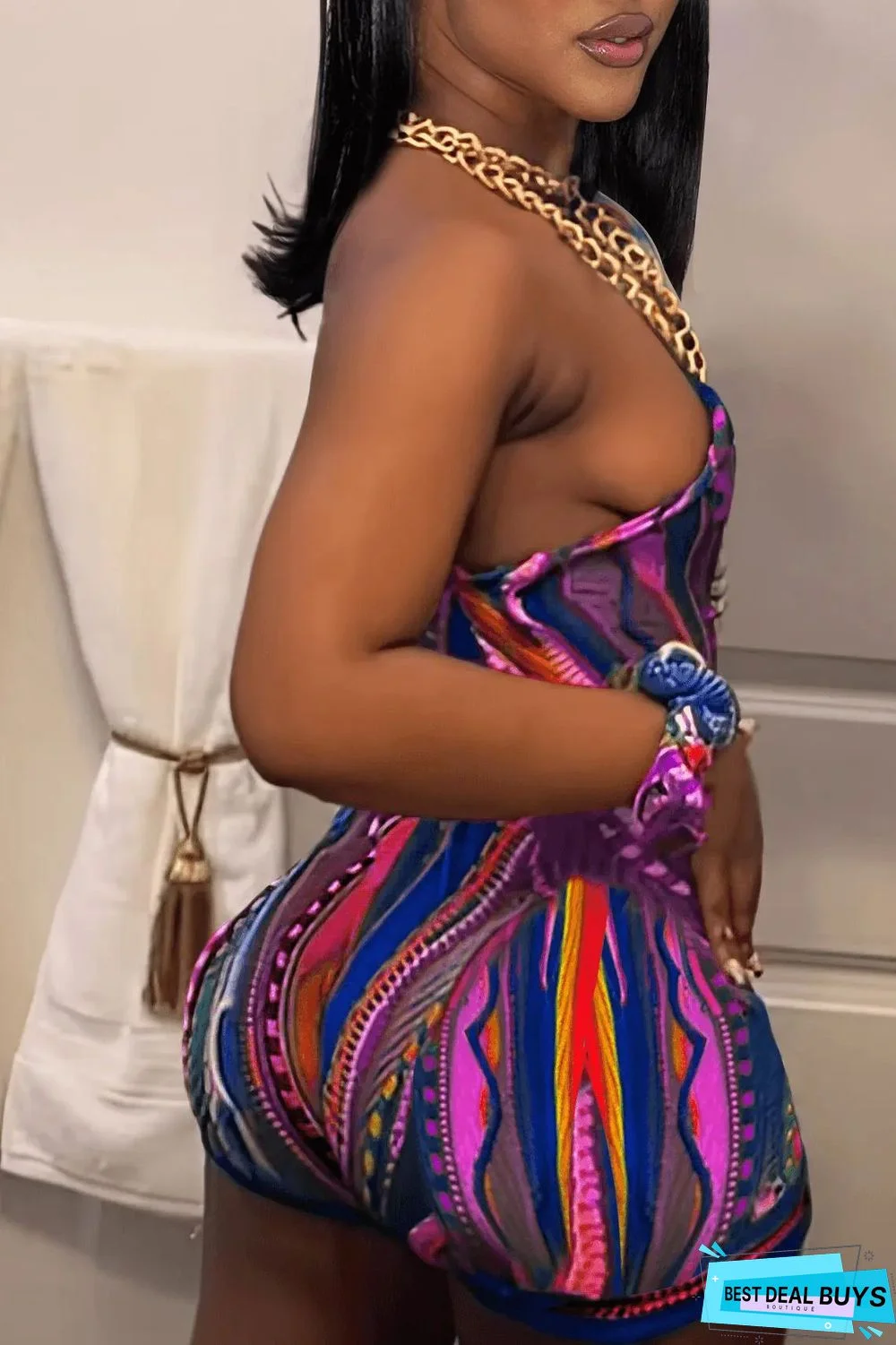 Abstract printing Slash Shoulder Jumpsuit