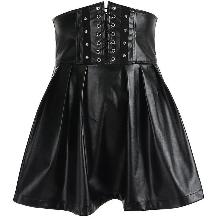 InsDoit Gothic Black Summer Skirts Women Streetwear Faux Leather Vintage Sexy High Waist Skirt Zipper Bandage Punk Fashion Skirt
