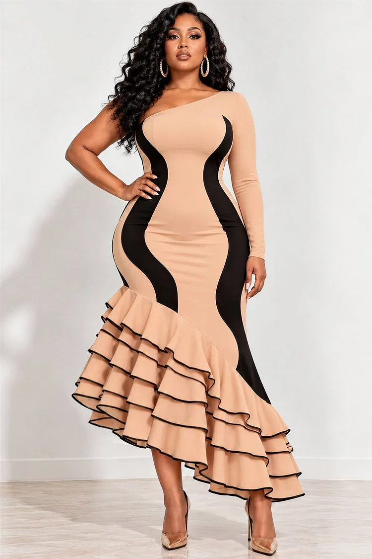 Xpluswear Design Plus Size Cocktail Party Khaki Colorblock Oblique Collar Long Sleeve Ruffle Bodycon Maxi Dresses [Pre-Order] 2024 - Xpluswear