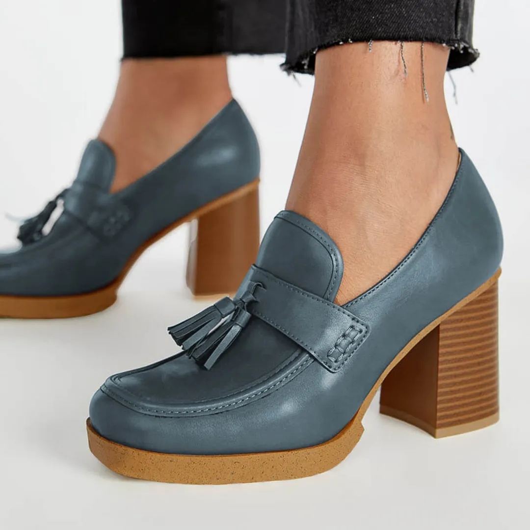 YDN Classic Blue Square Toe Chunky Heeled Loafers with Tassels