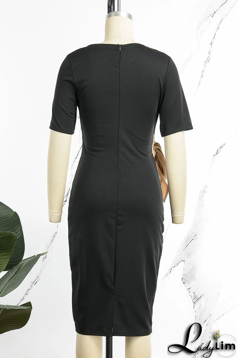 Rose Red Casual Solid Bandage Patchwork Fold Asymmetrical Collar One Step Skirt Dresses