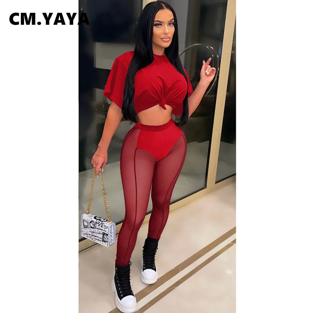 CM.YAYA Beach Sexy Women 2pcs Set Short Sleeve Tee Mesh See Though Leggings Set Sweatsuit Tracksuit Two Piece Set Outfits 2022