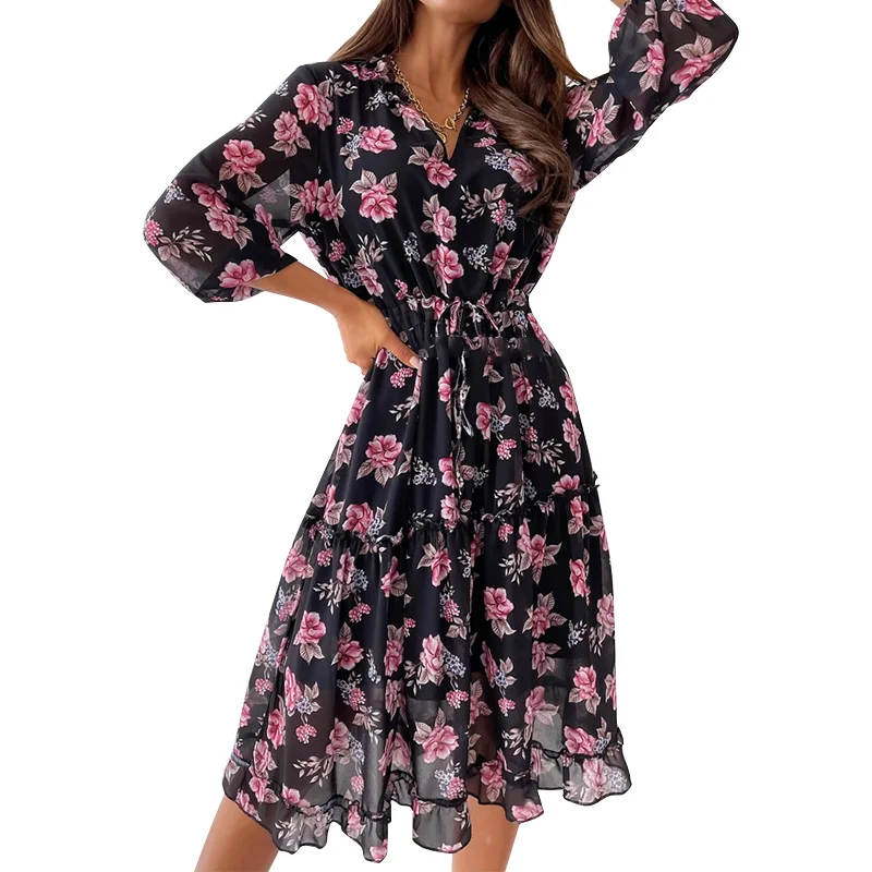 Jangj S.FLAVOR Vintage Floral Print A Line Dresses Women Casual V Neck Beach Chiffon Dress Women 3/4 Sleeve Party Vestidos