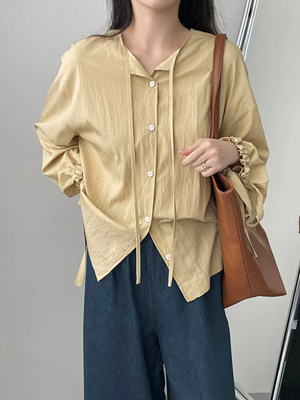 Buttoned Drawstring Pleated Tied Long Sleeves Loose V-Neck Blouses&Shirts Tops