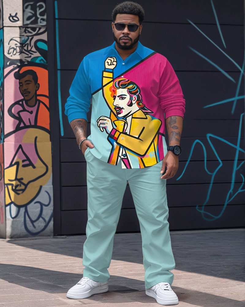 Men's Plus Size Blue Color Matching Abstract Graffiti Print Long Sleeve Shirt Trousers Suit