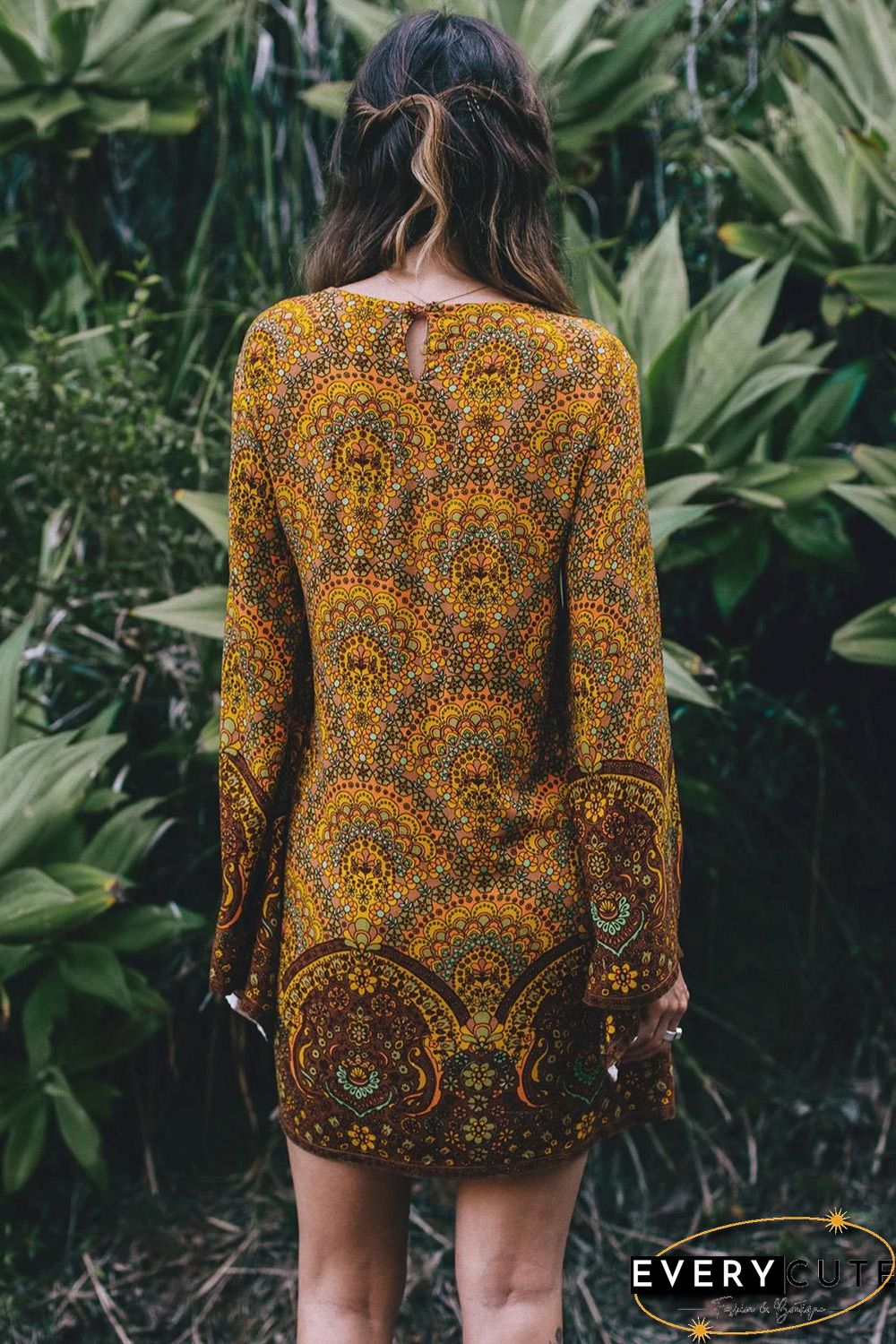 Yellow Starlight Bell Sleeve Shift Print Dress