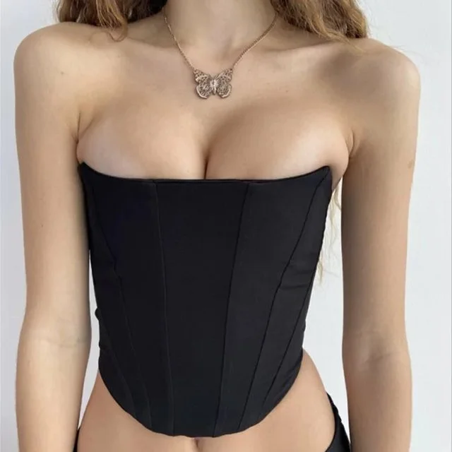 Sexy Cute Women Solid Color Two Sided Wear Strapless Bustiers Tops Fishbone Irregular Crown Crop Top Bandage Corset Bus – Women’s Strapless Bustier Crop Top