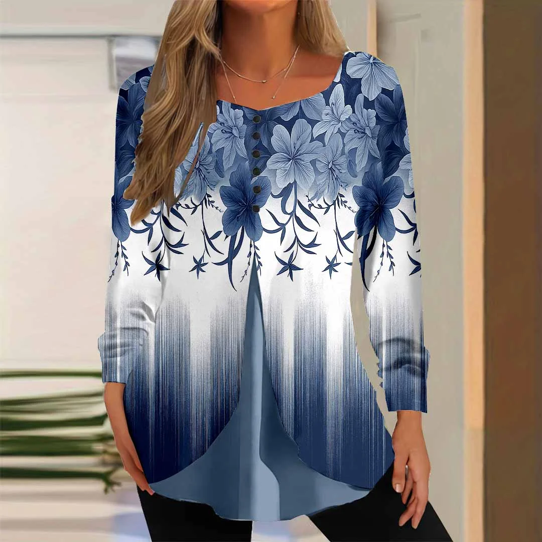 Women Floral,Blue DZGG8334 Long Sleeve Scoop Neck Printed Graphic Button Fake 2in1 Tops