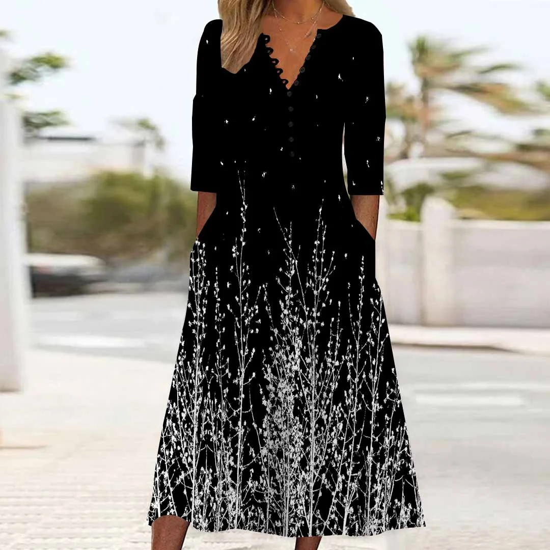 Women Floral,Black DZHB8350 Long Sleeve V-Neck Graphic Printed Midi Dress