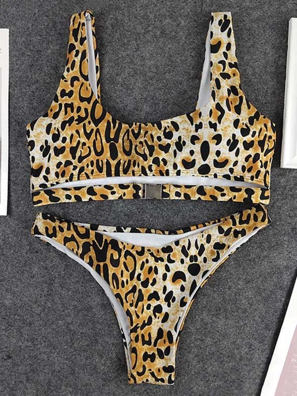 Sexy Animal Print Embellished Hollow Split Bikini Swimsuit