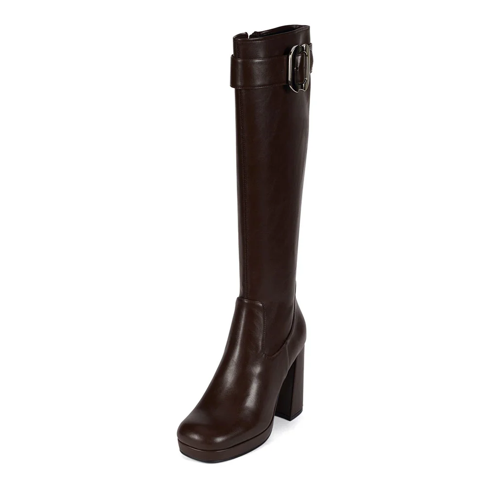 Brown Square Toe Chunky Heel Knee High Platform Boots with Buckle