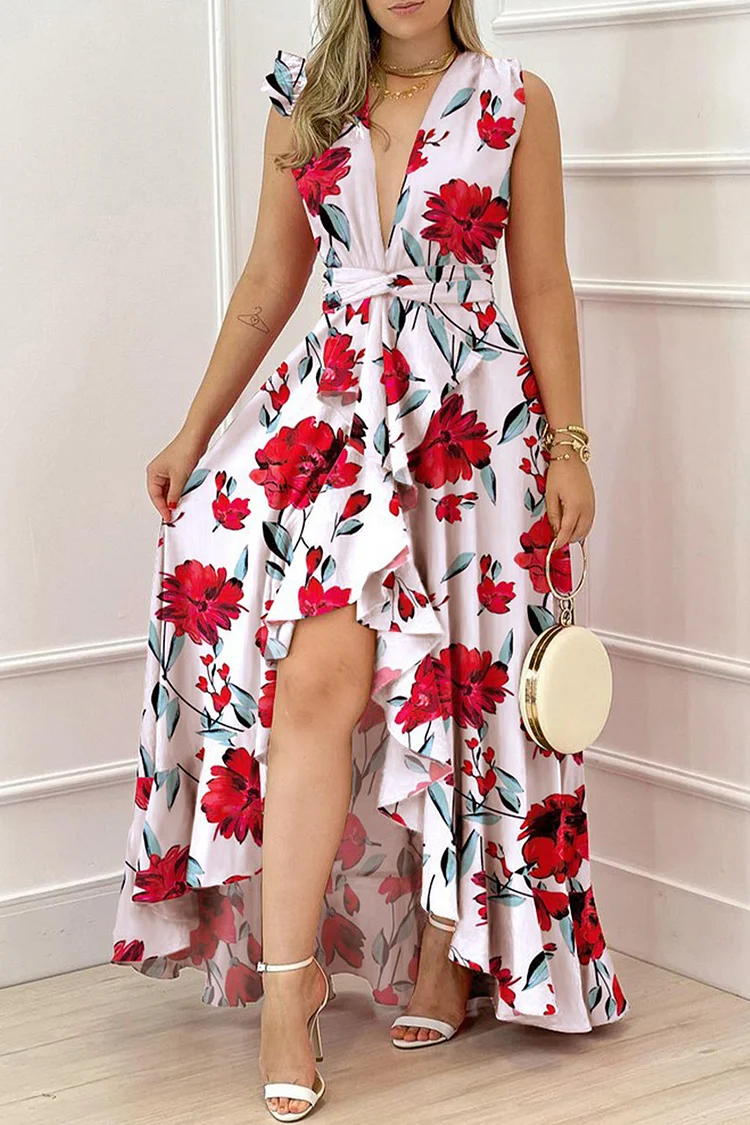 Everyday White Floral Print Slit Asymmetrical Maxi Dress