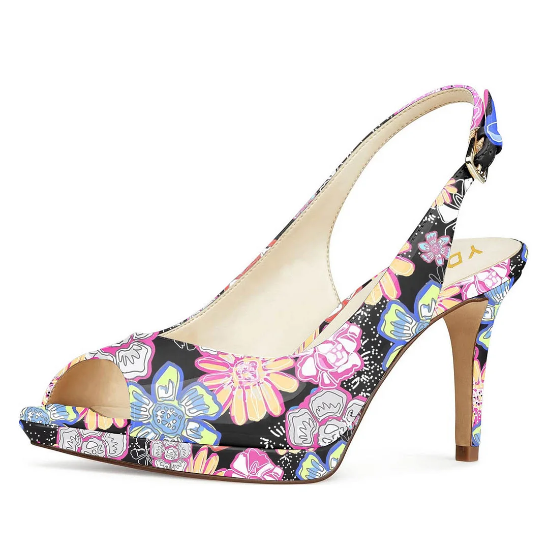 Colorful Floral Printed Peep Toe Patent Leather Platform Party Heels