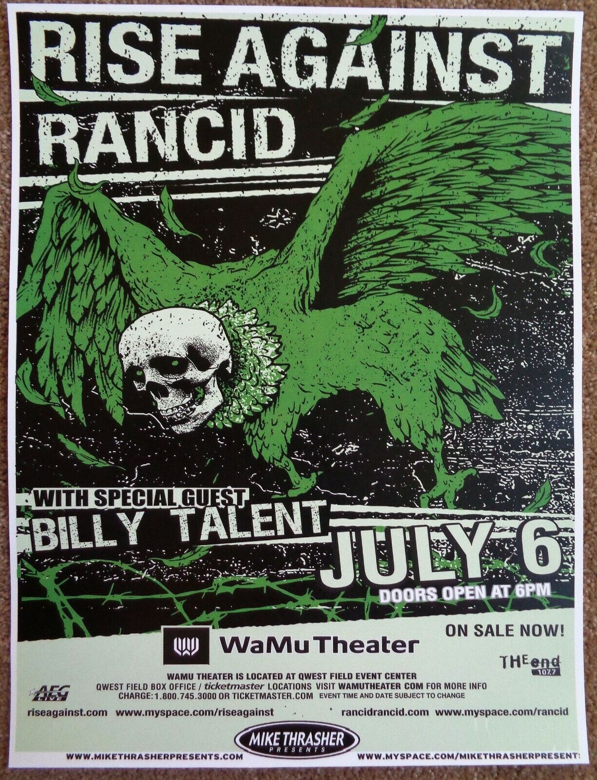 RISE AGAINST & RANCID 2009 Gig POSTER Seattle Washington Concert