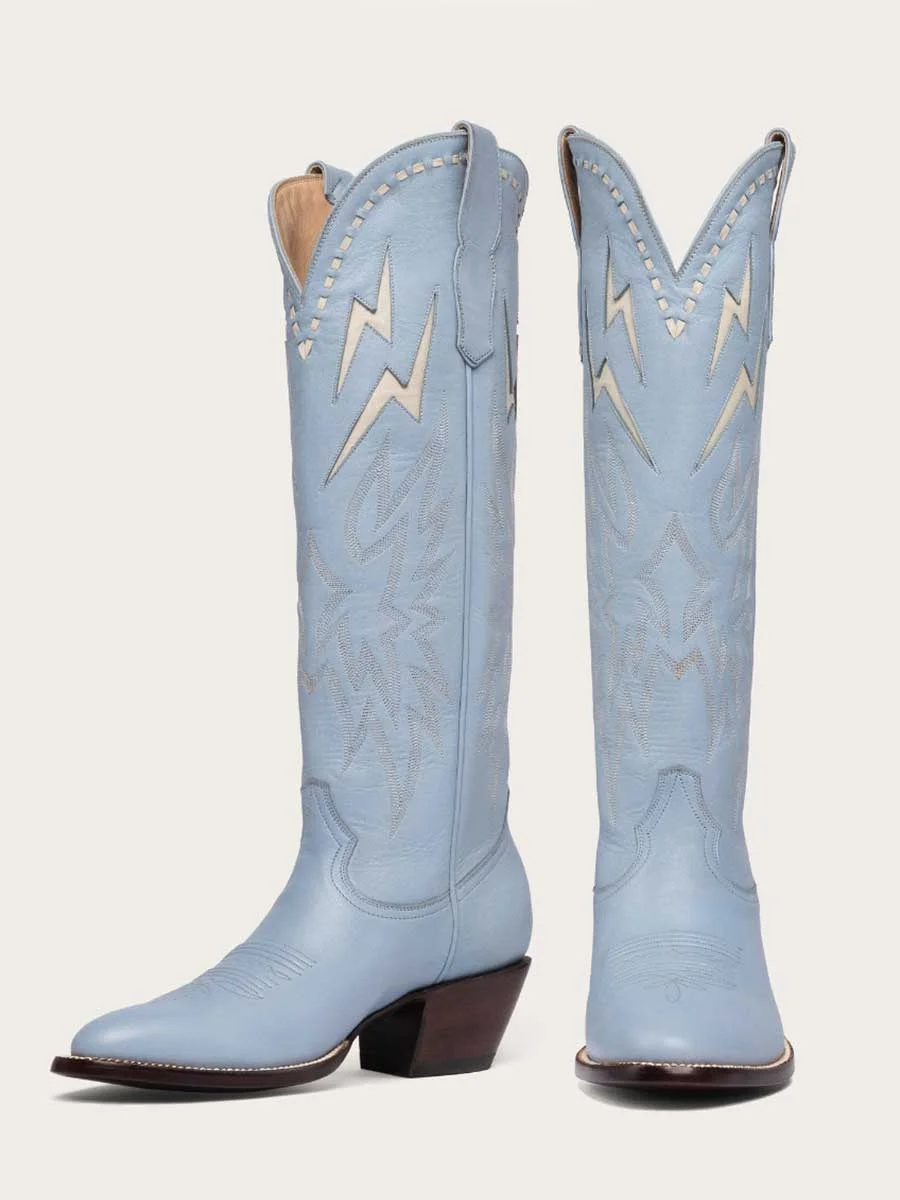 Round Toe Embroidered Lightning Inlay Knee-High Cowgirl Boots in Blue