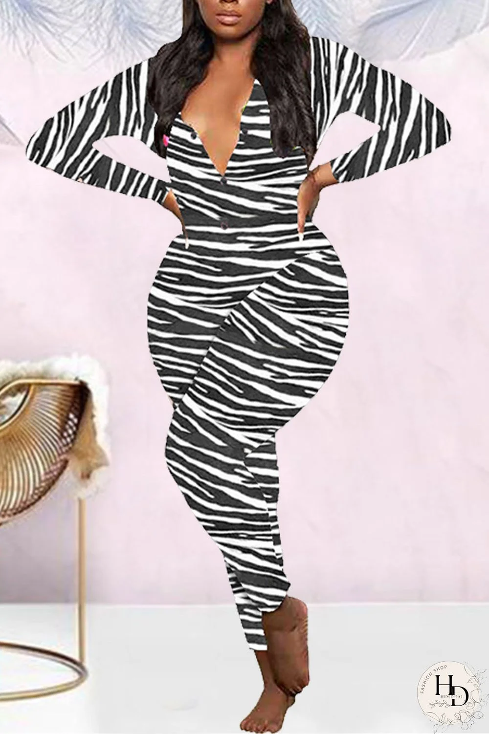 Black White Casual Living Print Basic V Neck Regular Jumpsuits