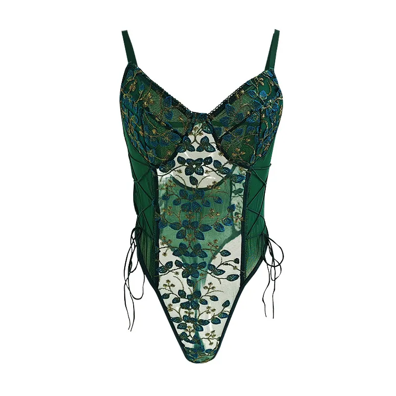 Churchf Churchf New Hot Style Mesh Embroidery Sexy Lace Transparent Back Drawn Rope Slim Waist Jumpsuit Woman