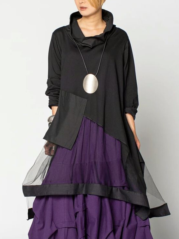 Long Sleeve Irregular Patchwork Mesh Blouses