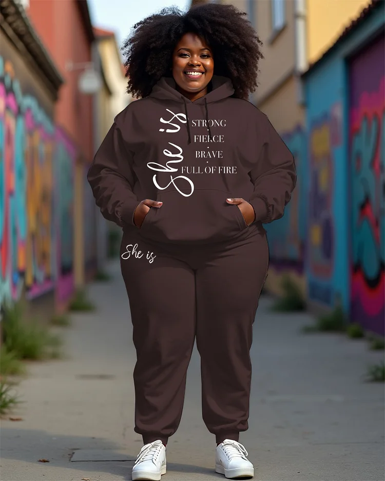 Women's Plus Size She Is Letter Print Long Sleeve Hoodie And Casual Pants Set