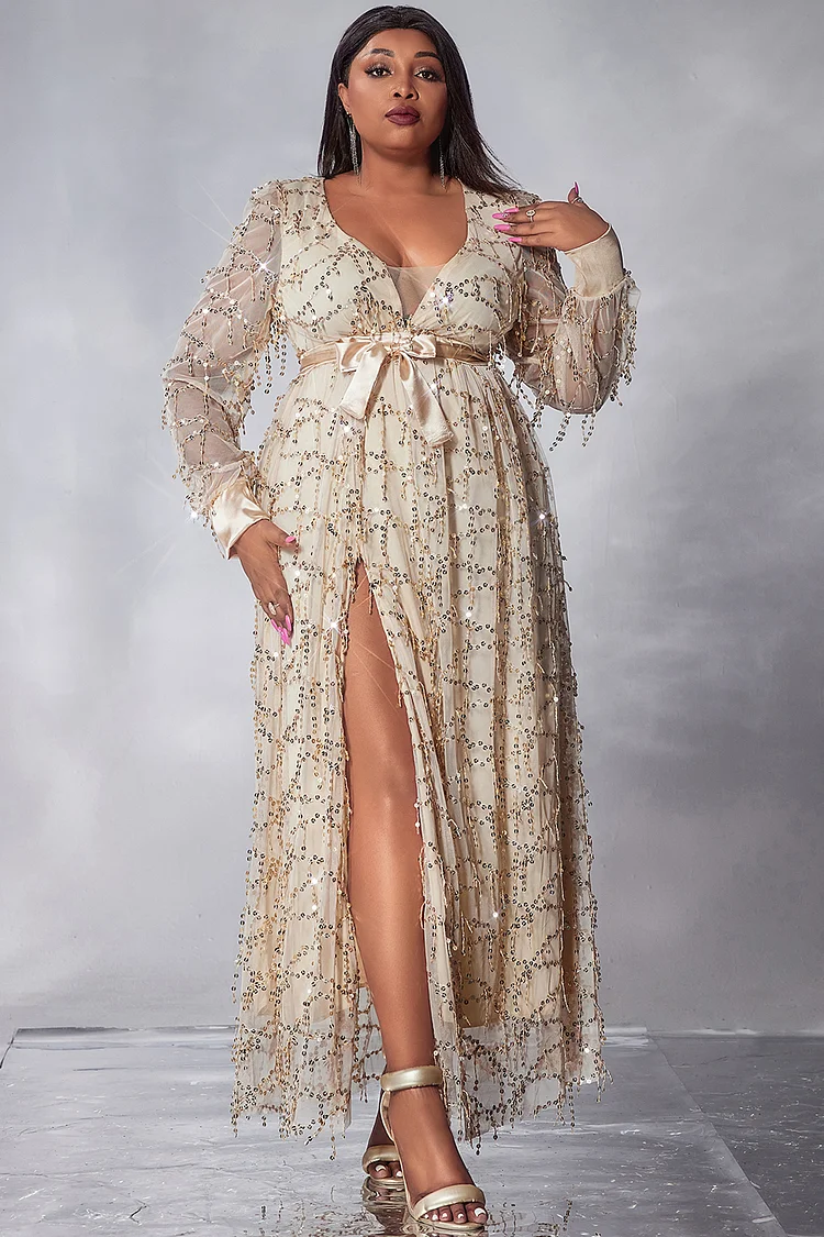 Xpluswear Design Plus Size Formal Prom Maxi Dresses Elegant Champagne V Neck Long Sleeve See-Through Split Sequin Maxi Dresses [Pre-Order]