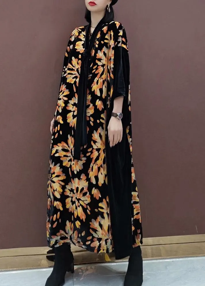 Natural V Neck Patchwork Spring Tunics For Women Fabrics Black Print Kaftan Dress