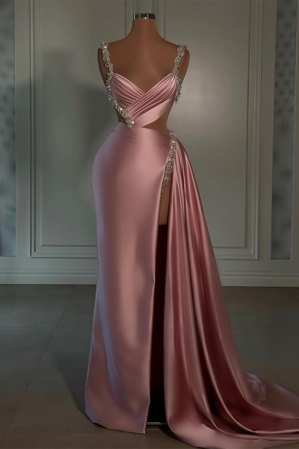 Luluslly Dusty Pink V-Neck Sleeveless Prom Dress High Slit Long With Beads