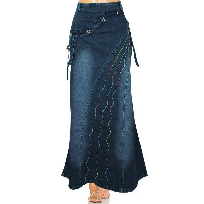 Vintage Women Jeans Long Skirt Gothic Fashion Women Casual Denim Skirt Back Slit Skirt Elastic Pull on Skirt Slim Pleated Skirt