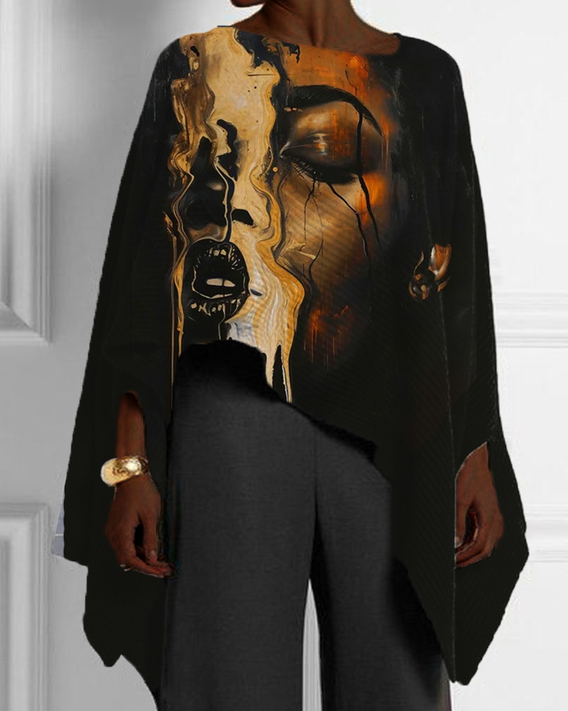 Art Black Print Irregular Hem Ladies Top