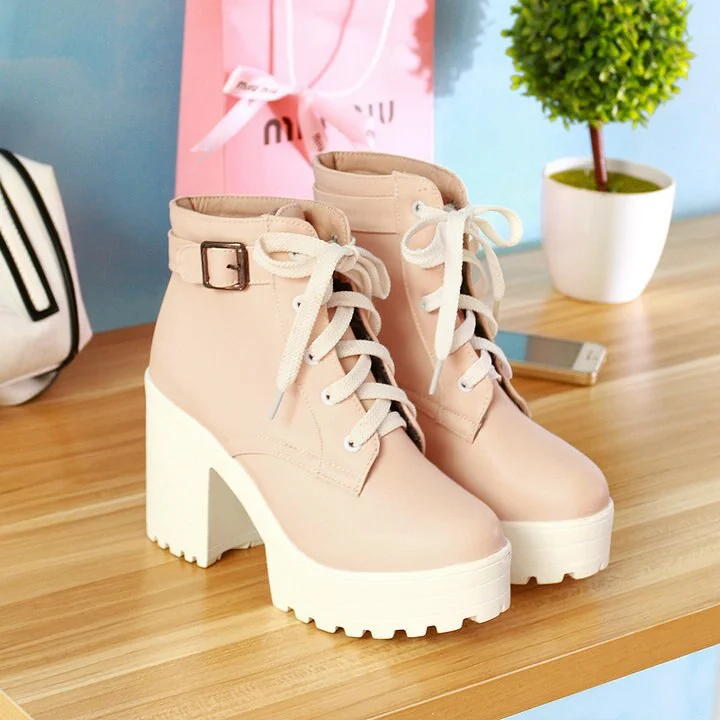 Qjong Autumn Fashion Women Boots Square High Heels Platform Buckle Lace Up Pu Short Booties Winter Ladies Shoes 2021 White