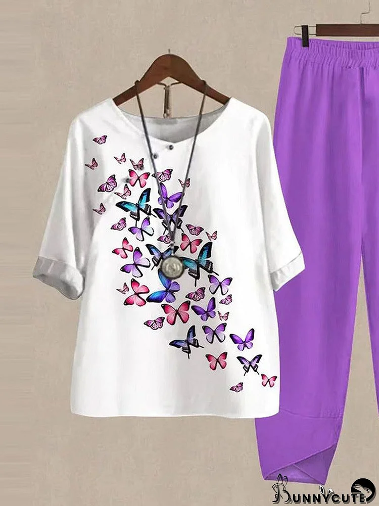 Women's Button Stitching Butterfly Graphic Printed Scoop Neck Short Sleeve Sets