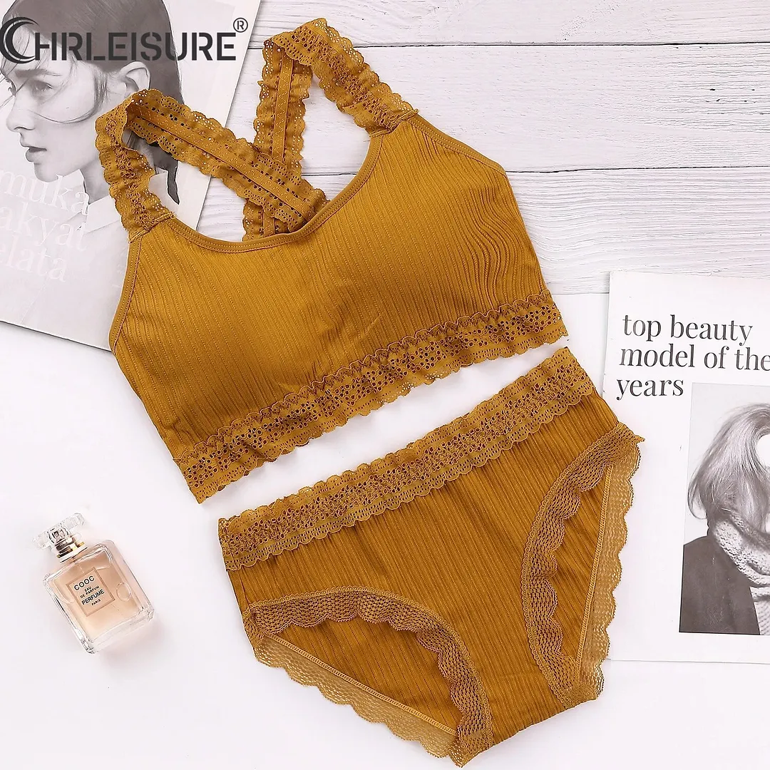 Billionm New Lace Breast Wrap Set Sross Straps Push Up Wireless Bra Comfortable breathable Underwear Panties For Women