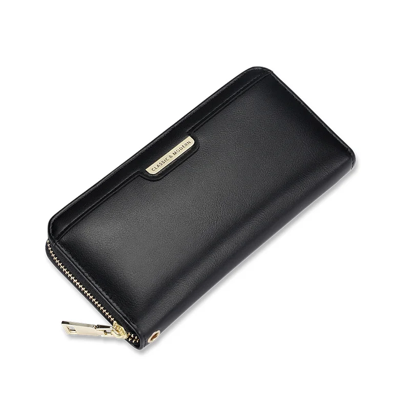 Solid color long large-capacity multi-card position zipper clutch